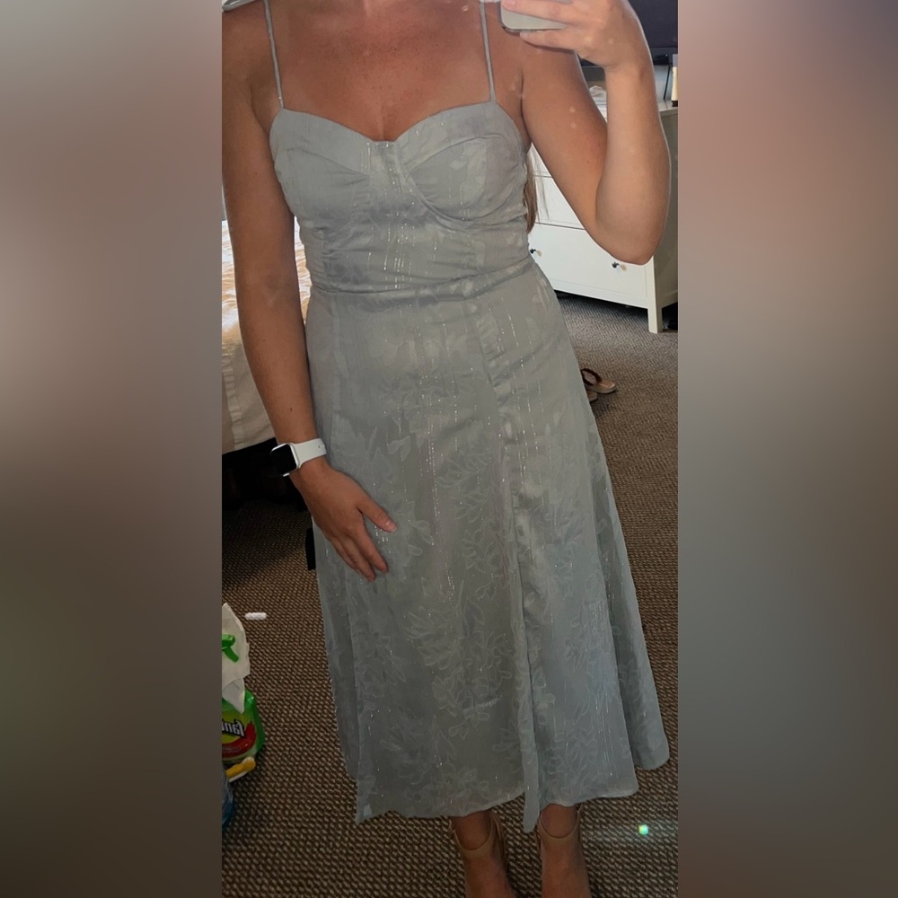 Loveliest Looks Dusty Blue Floral Jacquard Tie-Strap Midi Dress